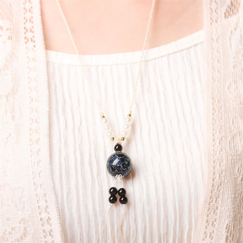 Buddha Stones Ebony Wood Aurora Lacquer Craft Bead Pearl Balance Necklace Pendant - image 6