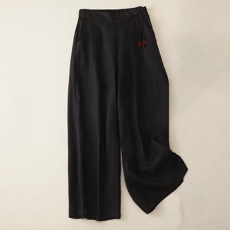 Buddha Stones Casual Solid Color One Button Cotton Linen Women's Wide Leg Pants With Pockets - Black - US12,UK/AU16,EU44 (3XL) - image 7