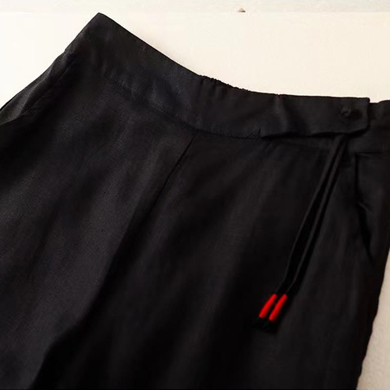 Buddha Stones Casual Solid Color One Button Cotton Linen Women's Wide Leg Pants With Pockets - image 12