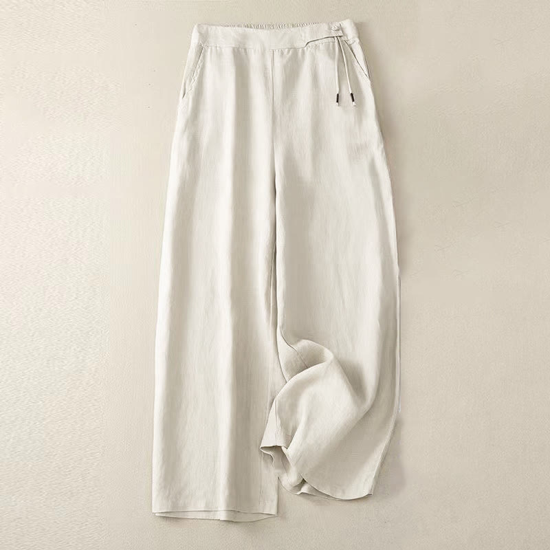 Buddha Stones Casual Solid Color One Button Cotton Linen Women's Wide Leg Pants With Pockets - Beige - US12,UK/AU16,EU44 (3XL) - image 13