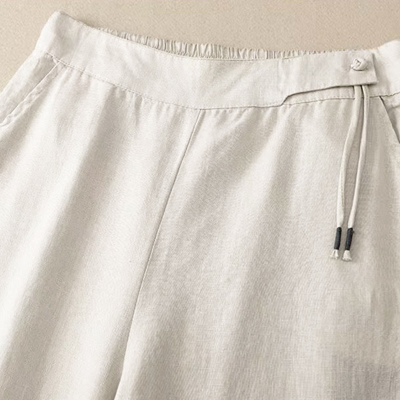 Buddha Stones Casual Solid Color One Button Cotton Linen Women's Wide Leg Pants With Pockets - image 16