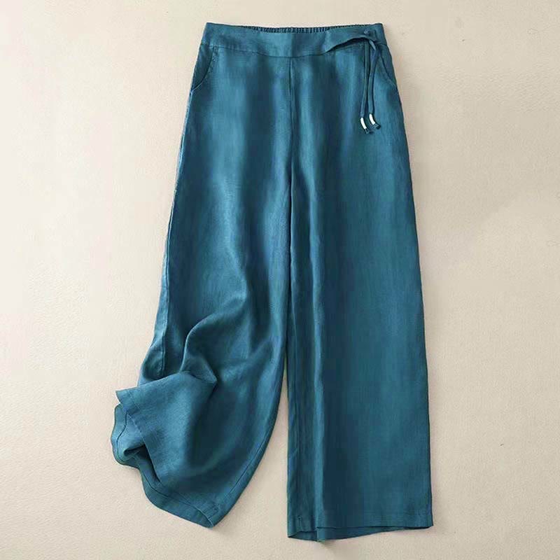 Buddha Stones Casual Solid Color One Button Cotton Linen Women's Wide Leg Pants With Pockets - Teal - US12,UK/AU16,EU44 (3XL) - image 23