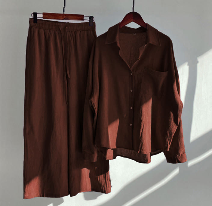 Buddha Stones 2Pcs Long Sleeve Shirt Top With Pockets Drawstring Pants Meditation Cotton Clothing Women's Set - FireBrick - US20,UK/AU24,EU52 (5XL) - image 36