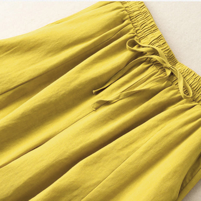 Buddha Stones Plain Color 7-8 Length Capri Cropped Pants Cotton Linen Women's Wide Leg Pants With Pockets - image 1