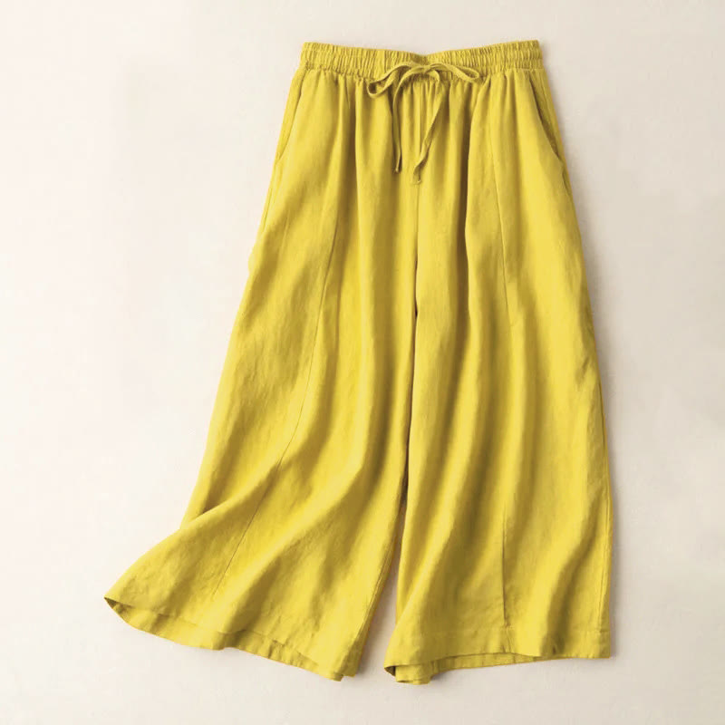 Buddha Stones Plain Color 7-8 Length Capri Cropped Pants Cotton Linen Women's Wide Leg Pants With Pockets - Gold - US12,UK/AU16,EU44 (3XL) - image 0