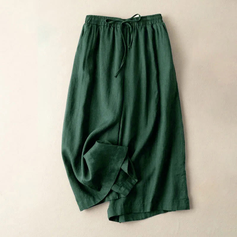 Buddha Stones Plain Color 7-8 Length Capri Cropped Pants Cotton Linen Women's Wide Leg Pants With Pockets - DarkSlateGray - US12,UK/AU16,EU44 (3XL) - image 18
