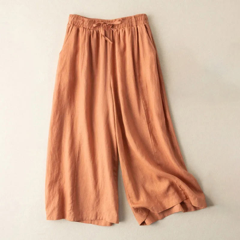 Buddha Stones Plain Color 7-8 Length Capri Cropped Pants Cotton Linen Women's Wide Leg Pants With Pockets - DarkOrange - US12,UK/AU16,EU44 (3XL) - image 14