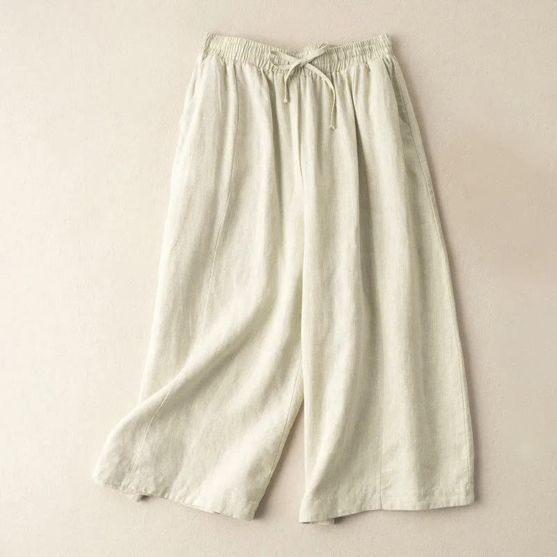 Buddha Stones Plain Color 7-8 Length Capri Cropped Pants Cotton Linen Women's Wide Leg Pants With Pockets - Beige - US12,UK/AU16,EU44 (3XL) - image 21