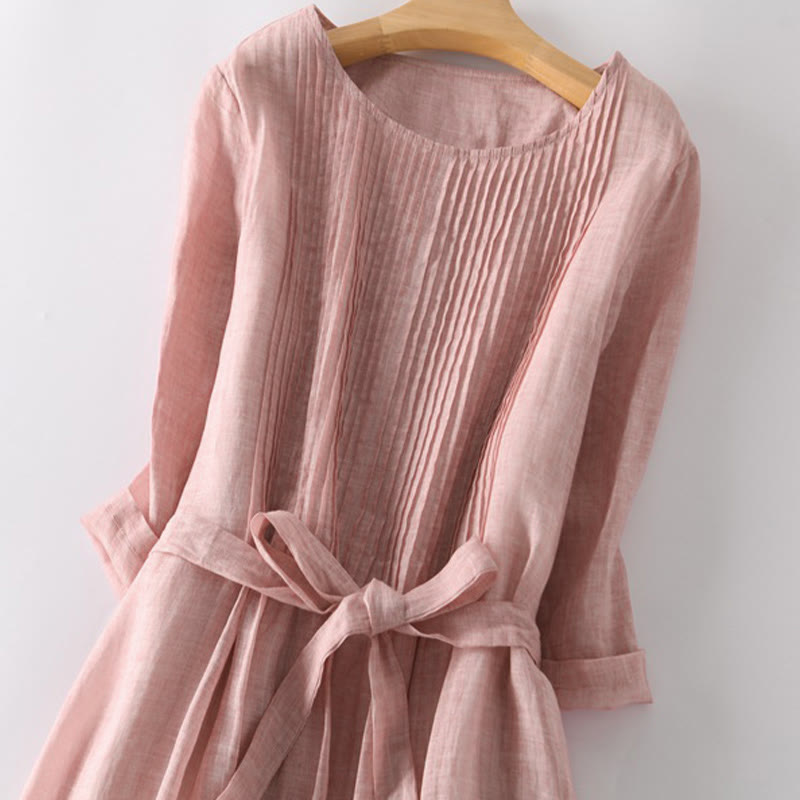 Buddha Stones Casual Lace-up Plain Crew Neck Half Sleeve Cotton Midi Dress With Pockets - image 2