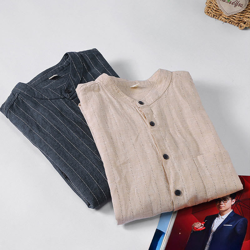 Buddha Stones Daily Tang Suit Men's Striped Pattern Cotton Linen Long Sleeve Shirt - image 11