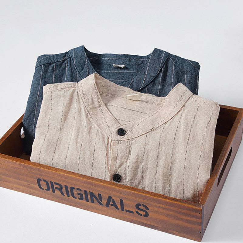 Buddha Stones Daily Tang Suit Men's Striped Pattern Cotton Linen Long Sleeve Shirt - image 12