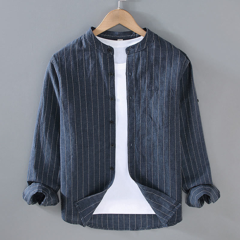 Buddha Stones Daily Tang Suit Men's Striped Pattern Cotton Linen Long Sleeve Shirt - MidnightBlue - US/UK/AU42,EU52 (3XL) - image 0