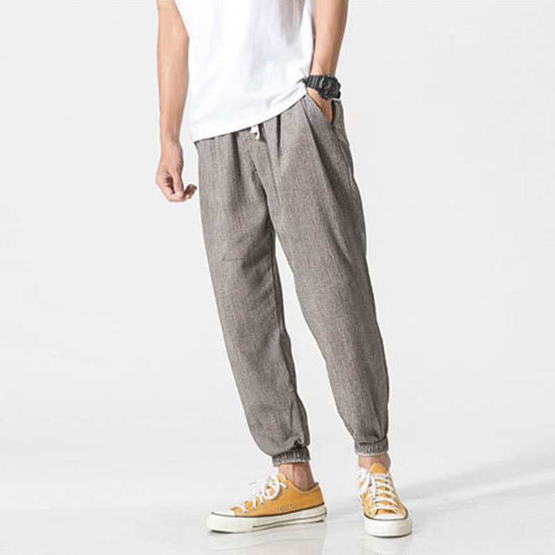Buddha Stones Simple Drawstring Design Linen Men's Pants With Pockets - image 7