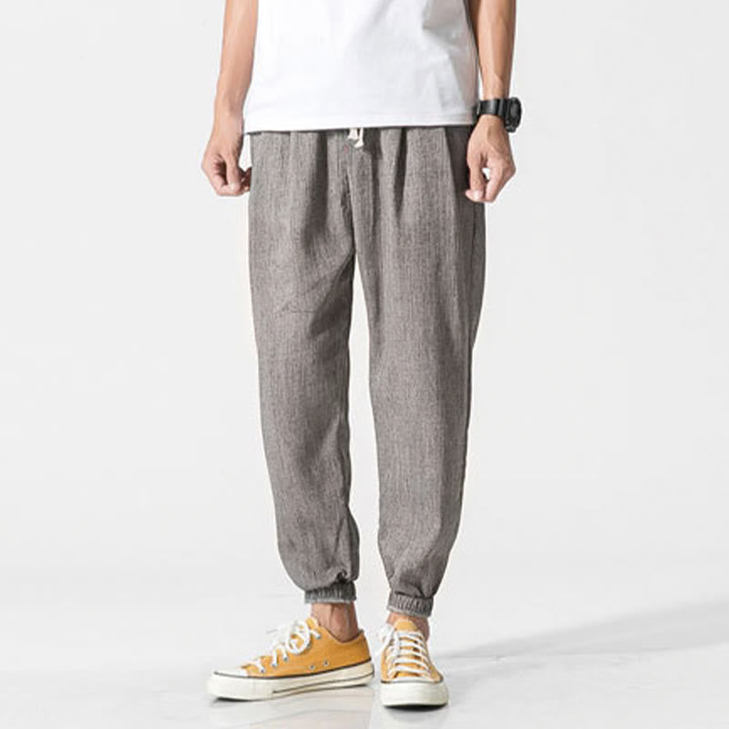 Buddha Stones Simple Drawstring Design Linen Men's Pants With Pockets - image 5