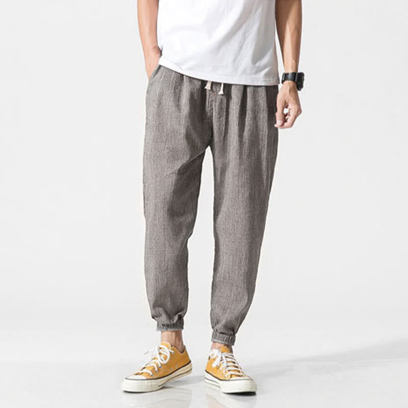 Buddha Stones Simple Drawstring Design Linen Men's Pants With Pockets - image 13