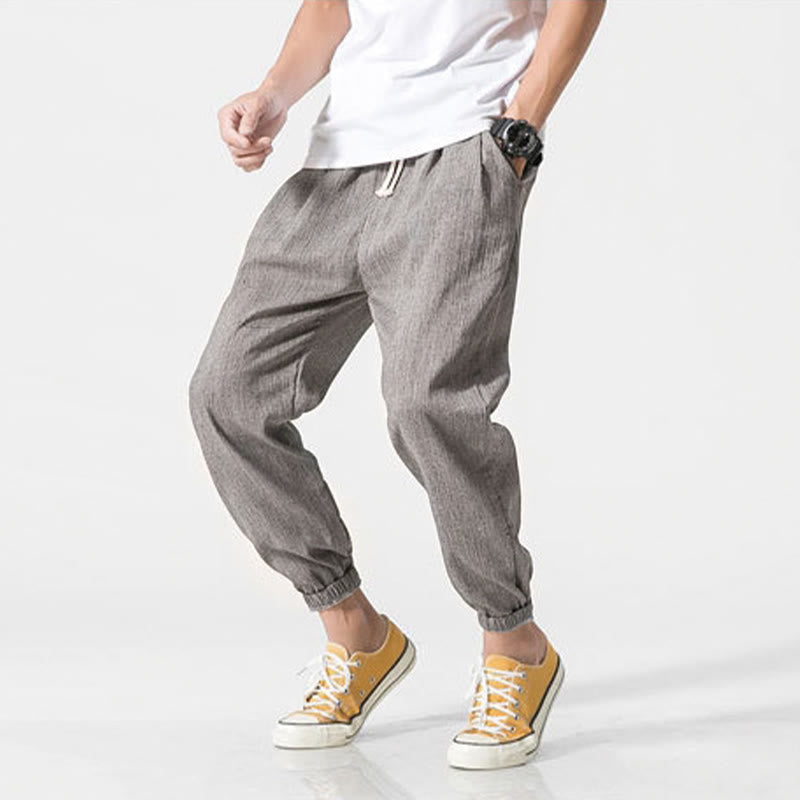 Buddha Stones Simple Drawstring Design Linen Men's Pants With Pockets - image 3