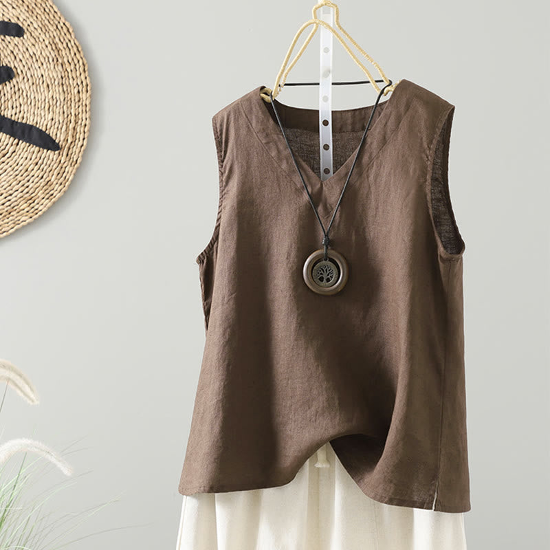 Buddha Stones Vintage Summer Solid Color V-Neck Women's Vest Waistcoat - SaddleBrown - US8-10,UK/AU12-14,EU40-42 (2XL) - image 0