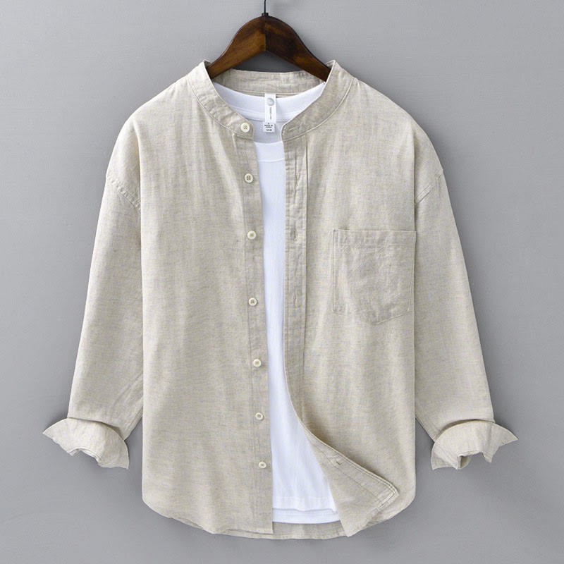 Buddha Stones Men's Long Sleeve Stand Collar With Pocket Pure Color Casual Cotton Linen Shirt - Linen - US/UK/AU40,EU50 (3XL) - image 0