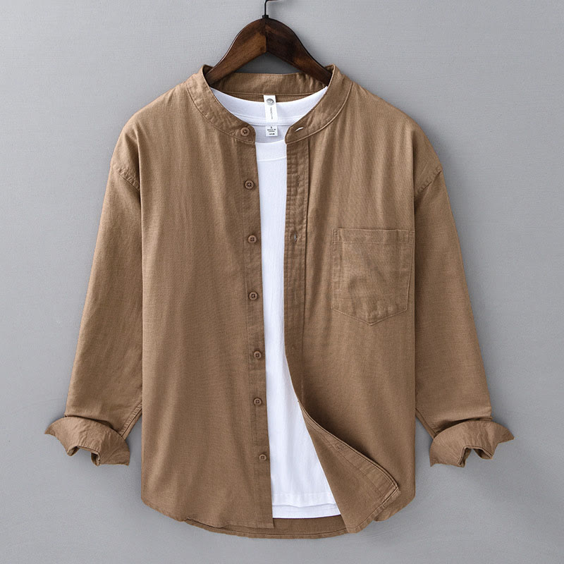 Buddha Stones Men's Long Sleeve Stand Collar With Pocket Pure Color Casual Cotton Linen Shirt - DarkGoldenrod - US/UK/AU40,EU50 (3XL) - image 21