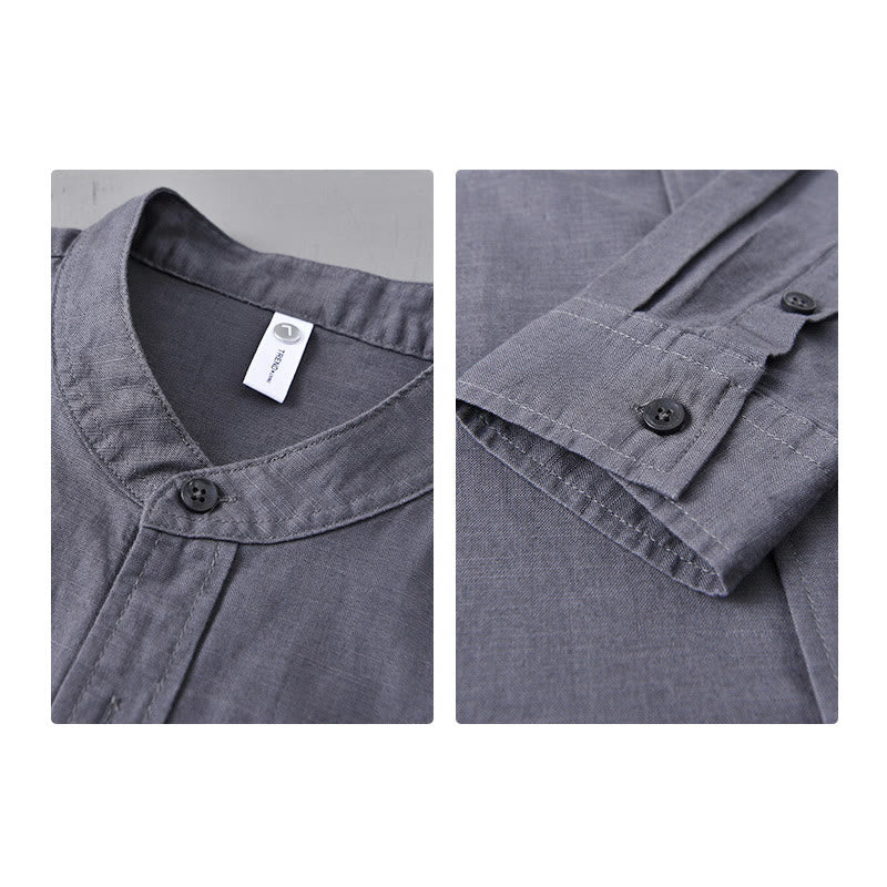 Buddha Stones Men's Long Sleeve Stand Collar With Pocket Pure Color Casual Cotton Linen Shirt - image 35