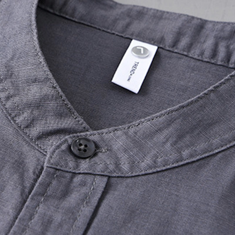 Buddha Stones Men's Long Sleeve Stand Collar With Pocket Pure Color Casual Cotton Linen Shirt - image 34