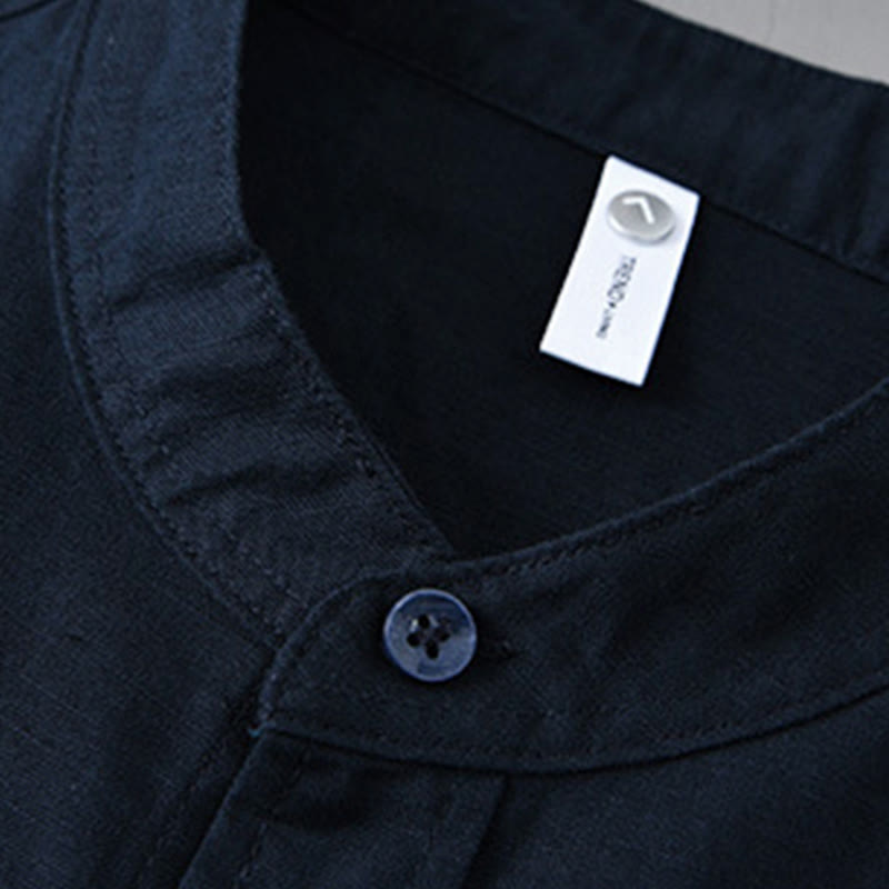 Buddha Stones Men's Long Sleeve Stand Collar With Pocket Pure Color Casual Cotton Linen Shirt - image 39