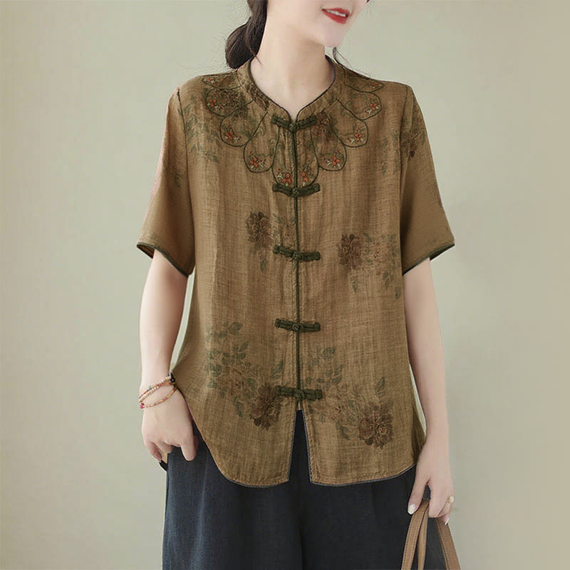 Buddha Stones Purple Flower Print Frog-Button Design Cotton Linen Shirt - US16,UK/AU20,EU48 (3XL) - image 1