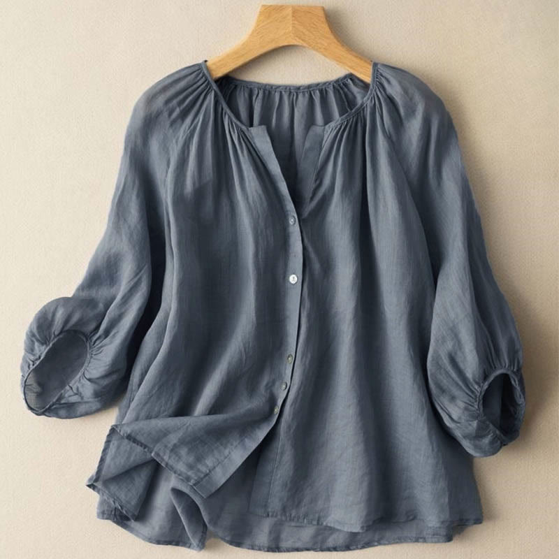 Buddha Stones Vintage Button Three Quarter Puff Sleeve V-Neck Cotton Linen Women's Shirt - SteelBlue - US14,UK/AU18,EU46 (4XL) - image 1