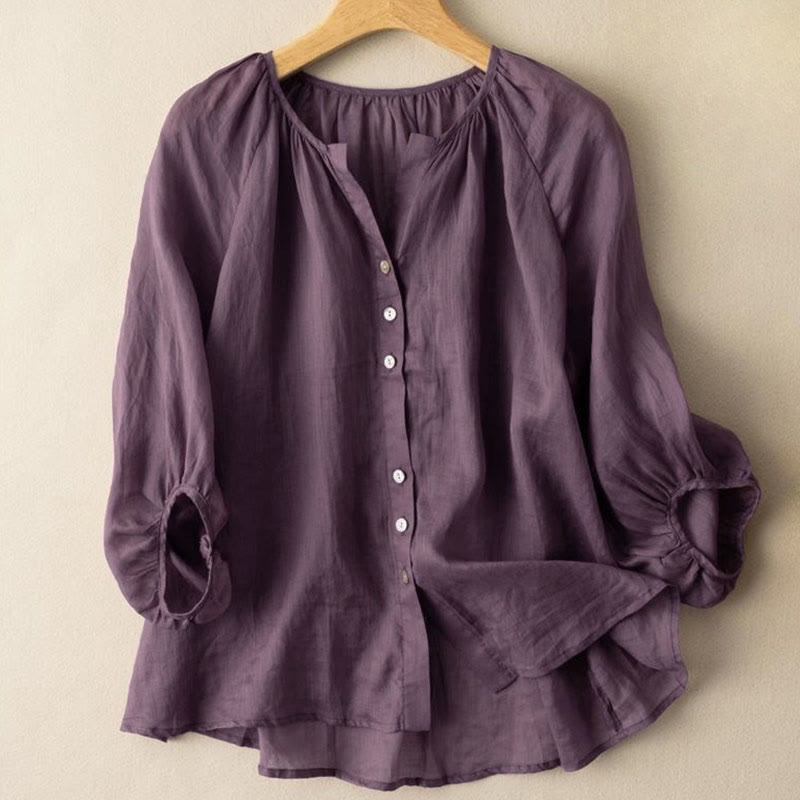 Buddha Stones Vintage Button Three Quarter Puff Sleeve V-Neck Cotton Linen Women's Shirt - DarkMagenta - US14,UK/AU18,EU46 (4XL) - image 8