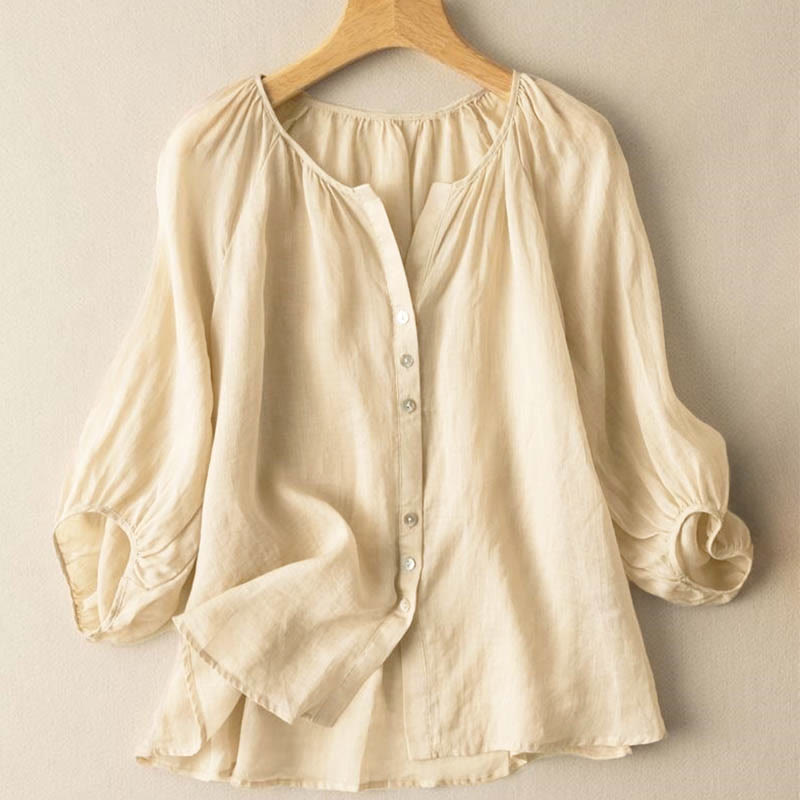 Buddha Stones Vintage Button Three Quarter Puff Sleeve V-Neck Cotton Linen Women's Shirt - PaleGoldenrod - US14,UK/AU18,EU46 (4XL) - image 10