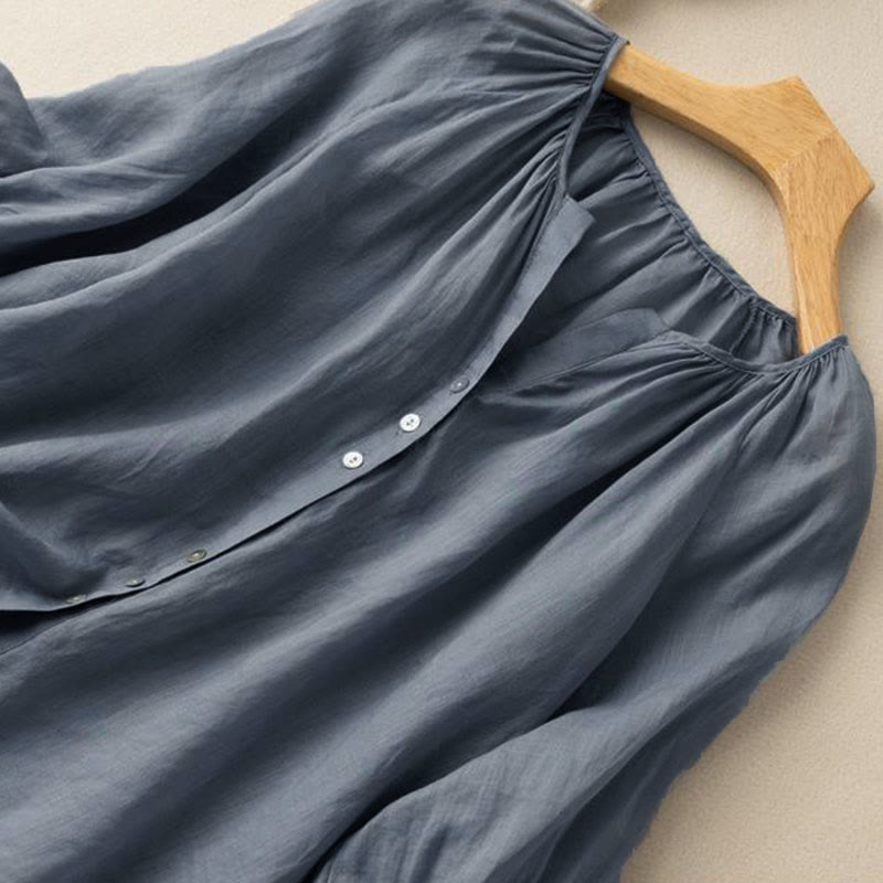 Buddha Stones Vintage Button Three Quarter Puff Sleeve V-Neck Cotton Linen Women's Shirt - image 4