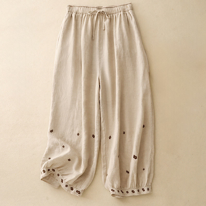 Buddha Stones Casual Embroidered Petals Women's Cotton Linen 7-8 Length Harem Pants With Pockets - Wheat - US12,UK/AU16,EU44 (2XL) - image 0