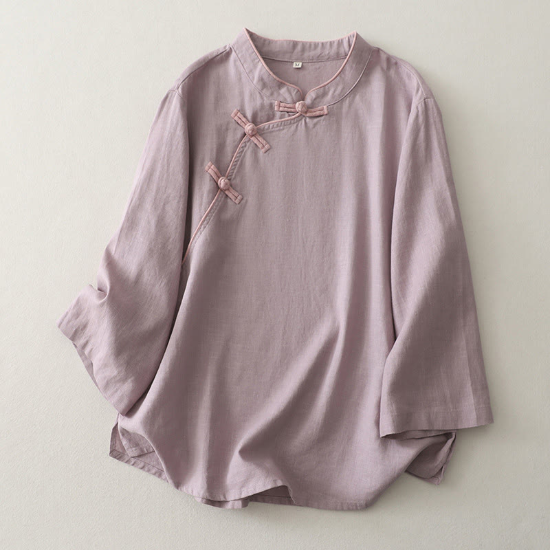 Buddha Stones Plain Slanted Buttons Cotton Linen Women's Shirt - Thistle - US12,UK/AU16,EU44 (2XL) - image 3