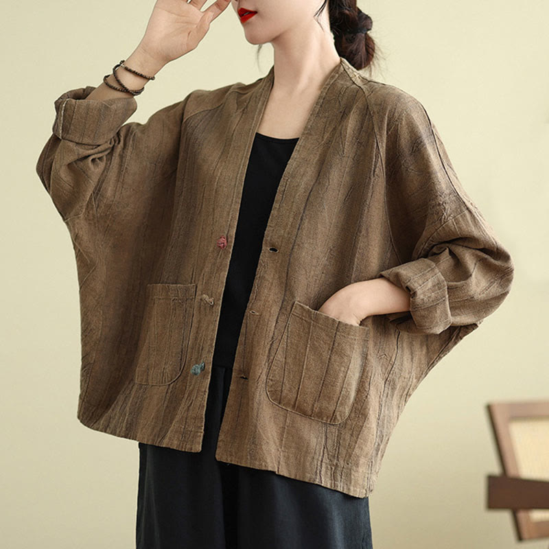 Buddha Stones Plain Long Sleeve Women's Cotton Linen Jacket With Pockets - image 2