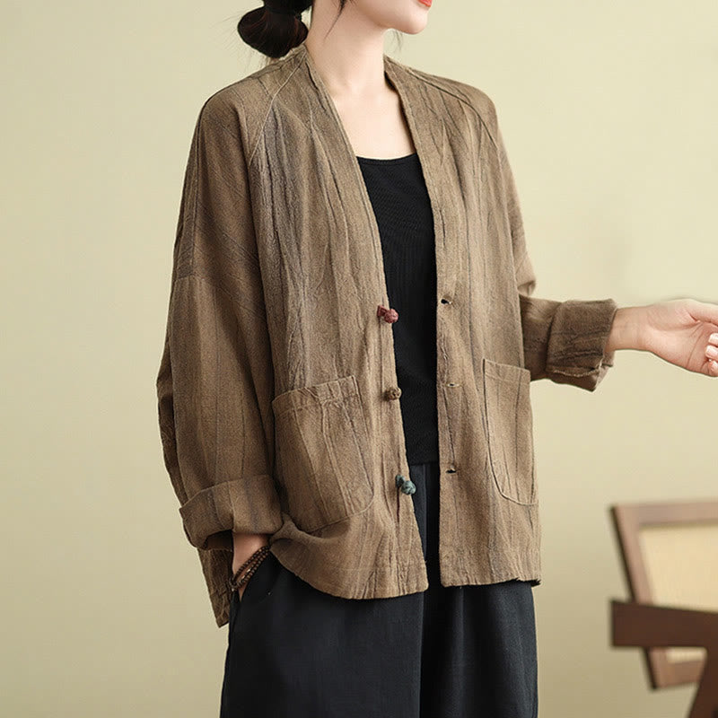 Buddha Stones Plain Long Sleeve Women's Cotton Linen Jacket With Pockets - Tan - US14,UK/AU18,EU46 (2XL) - image 0