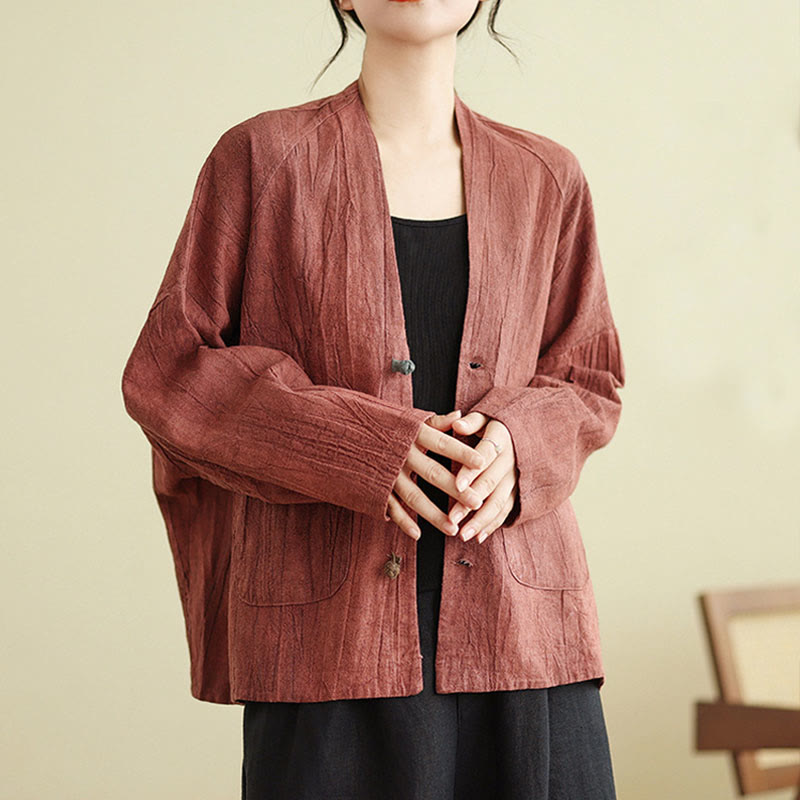Buddha Stones Plain Long Sleeve Women's Cotton Linen Jacket With Pockets - IndianRed - US14,UK/AU18,EU46 (2XL) - image 7
