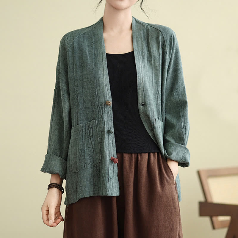 Buddha Stones Plain Long Sleeve Women's Cotton Linen Jacket With Pockets - image 18