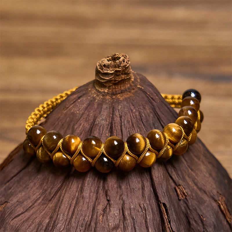 Buddha Stones Natural Tiger Eye Cinnabar Hand-woven Double Row Beads Protection Bracelet - Tiger Eye(Wrist Circumference: 14-24cm) - image 1