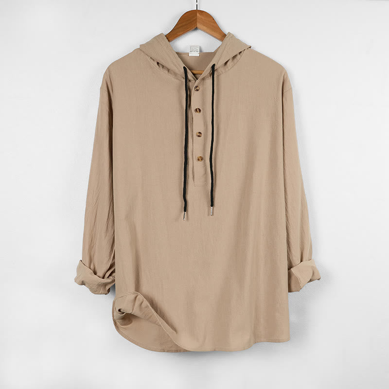 Buddha Stones Solid Color Fall Half Buttons Men's Hooded Long Sleeve Cotton Shirt - image 13