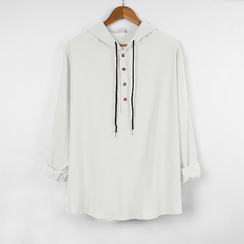 Buddha Stones Solid Color Fall Half Buttons Men's Hooded Long Sleeve Cotton Shirt - White - US/UK/AU46,EU56 (3XL) - image 6