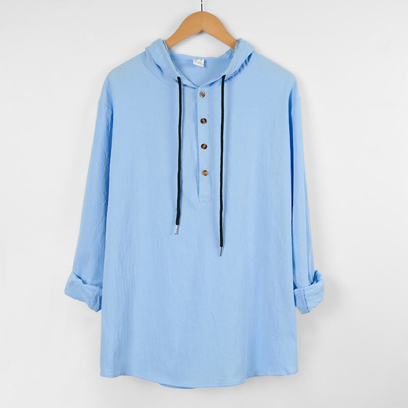 Buddha Stones Solid Color Fall Half Buttons Men's Hooded Long Sleeve Cotton Shirt - image 2