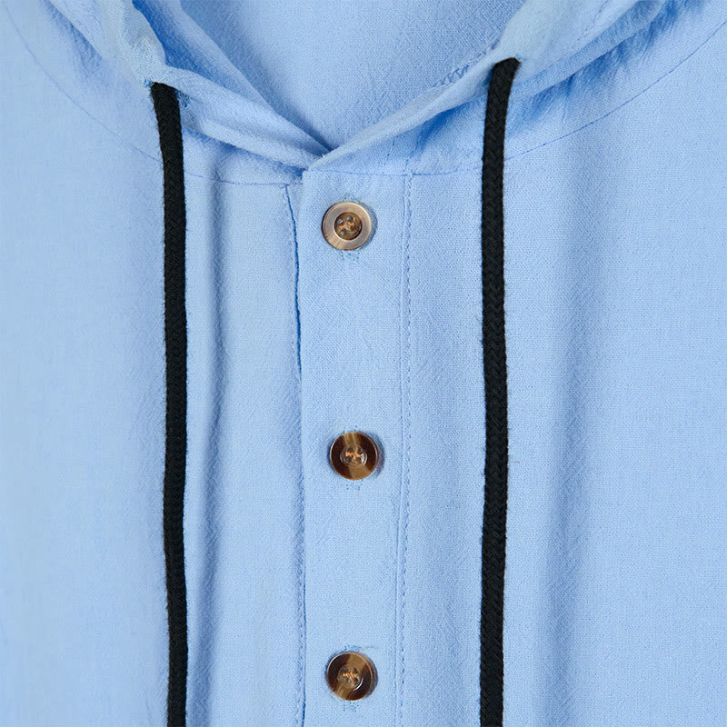 Buddha Stones Solid Color Fall Half Buttons Men's Hooded Long Sleeve Cotton Shirt - image 4
