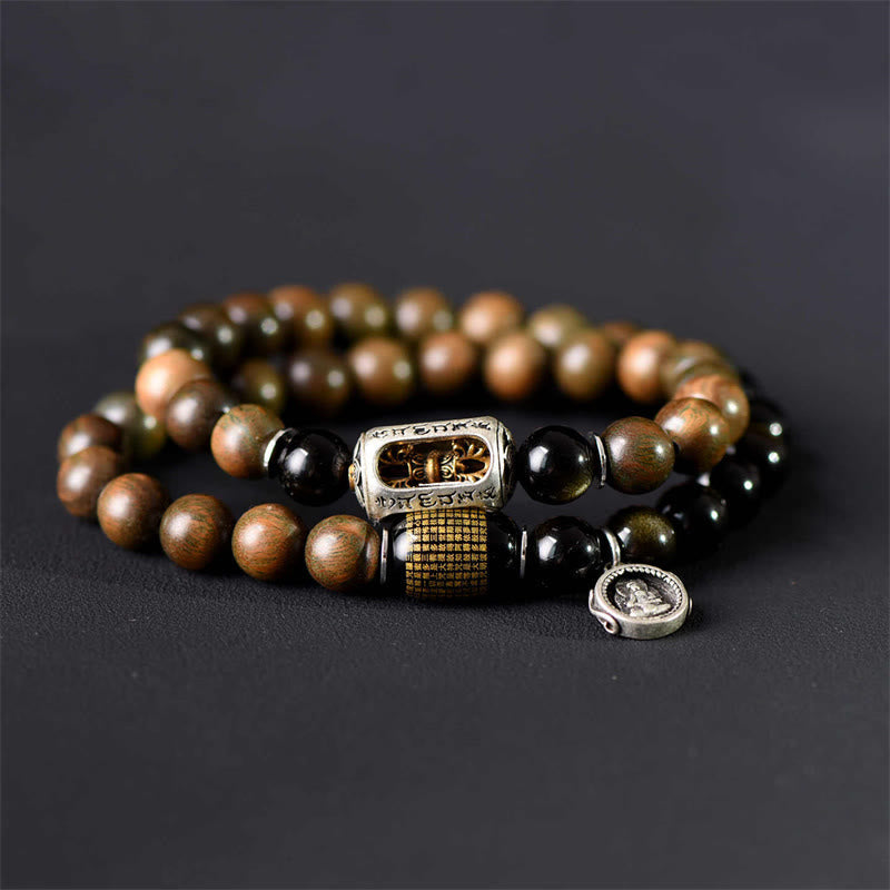 Buddha Stones Tibetan Green Sandalwood Gold Sheen Obsidian Balance Peace Double Wrap Bracelet - image 3