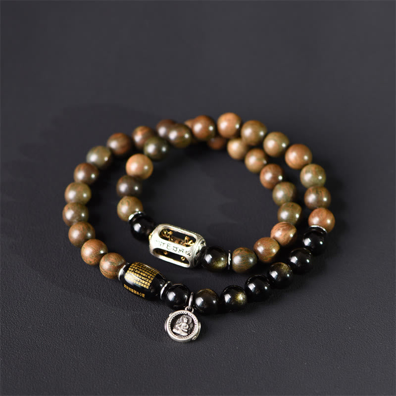 Buddha Stones Tibetan Green Sandalwood Gold Sheen Obsidian Balance Peace Double Wrap Bracelet - image 4
