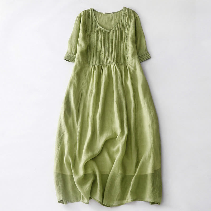 Buddha Stones Casual Accordion Pleat Plain V-neck Short Sleeve Midi Dress With Pockets - YellowGreen - US14,UK/AU18,EU46 (2XL) - image 9