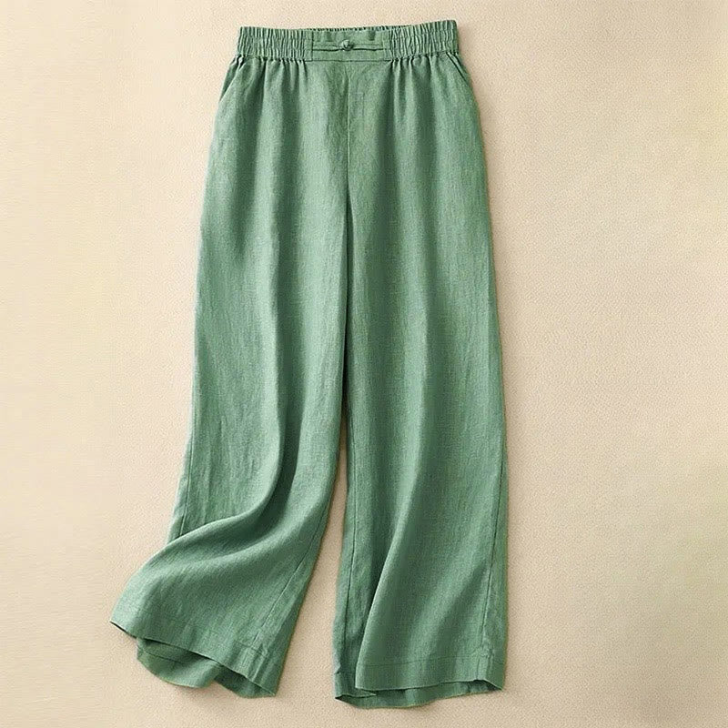 Buddha Stones Daily Solid Color Elastic Waistband Frog-Button Cotton Women's Wide Leg Pants With Pockets - MediumSpringGreen - US12,UK/AU16,EU44 (3XL) - image 0