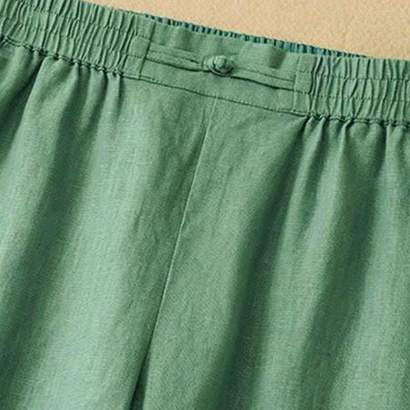 Buddha Stones Daily Solid Color Elastic Waistband Frog-Button Cotton Women's Wide Leg Pants With Pockets - image 1
