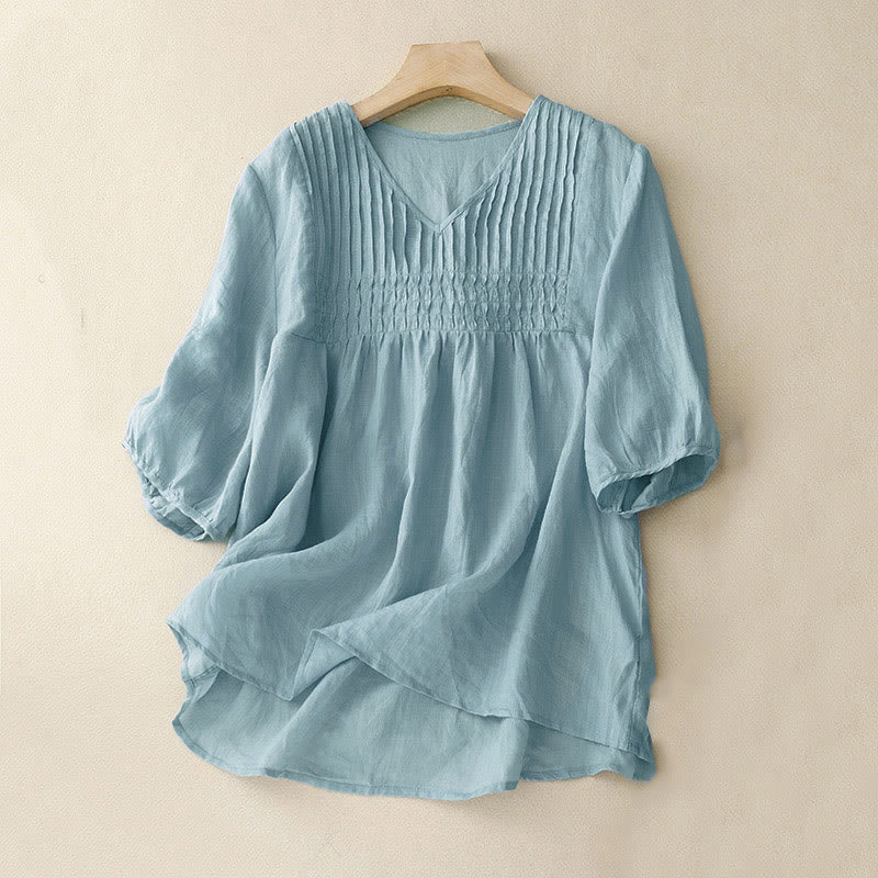 Buddha Stones Casual Plain Loose Women's V-Neck Design Half Sleeve Cotton Shirt - PaleTurquoise - US12,UK/AU16,EU44 (2XL) - image 25