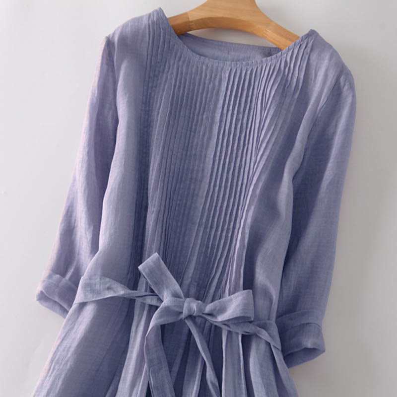 Buddha Stones Casual Lace-up Plain Crew Neck Half Sleeve Cotton Midi Dress With Pockets - image 18