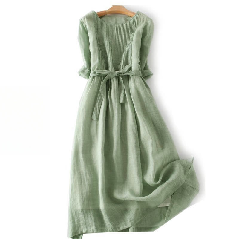 Buddha Stones Casual Lace-up Plain Crew Neck Half Sleeve Cotton Midi Dress With Pockets - DarkSeaGreen - US12,UK/AU16,EU44 (3XL) - image 20